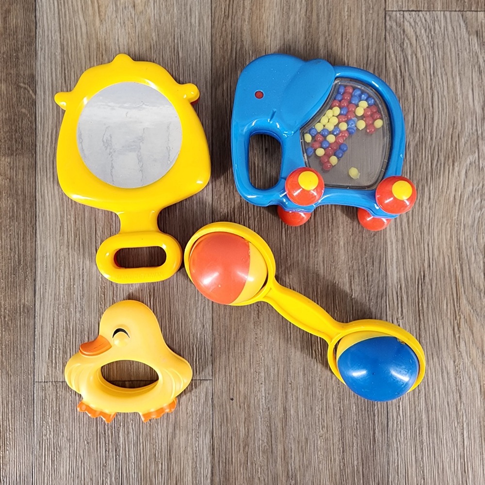Vintage Baby Toy Lot 4pc The First Years 1977 Duck Elephant Rattle Mirror Mirror